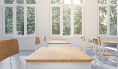 Generic classroom of elementary or middle school, offline studying, 3d rendering. Digital illustration of a high school class in direct sunlight, selective focus on desk