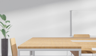 Modern office setting, 3d rendering mock up, focus on desk. Digital illustration of an open office with wooden desks
