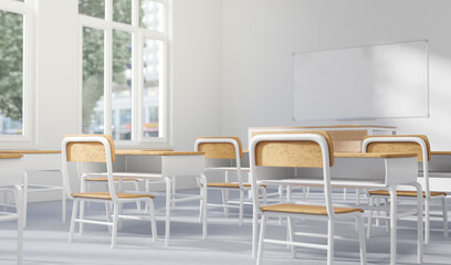 Naklejka na ściany i meble Generic classroom of elementary or middle school, offline studying, 3d rendering. Digital illustration of a high school class in direct sunlight