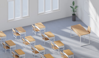 Generic classroom of elementary or middle school, offline studying, 3d rendering. Digital illustration of a high school class in direct sunlight, orthographic perspective