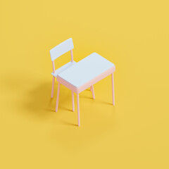 Stylized elementary school desk and chair, 3d rendering. Digital illustration of a pre-school or kindergarden desk in bright background