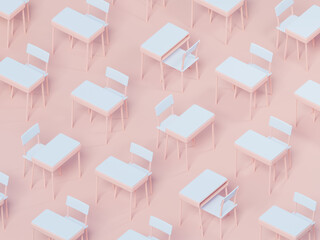 Stylized elementary school desk and chairs pattern, 3d rendering. Digital illustration of a pre-school or kindergarden group in pink background