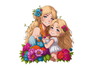 Mother and child love clipart, Mother's day concept, mom daughter lovely moment illustration, Sublimation.

