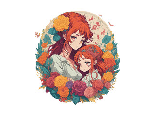 Mother and child love clipart, Mother's day concept, mom daughter lovely moment illustration, Sublimation.
