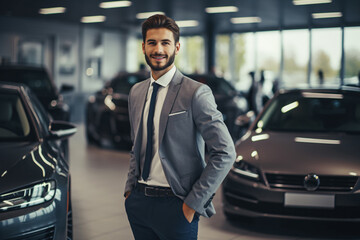 Professional luxury car salesman in luxury showroom. Smiling salesman in showroom. Expensive car. Car dealer business. Automotive industry. Luxury car agent. Auto dealership office.