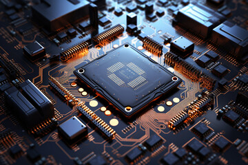 Fototapeta na wymiar Motherboard. Electronic circuit board. CPU chip. Electronic components. Computer processor chip. Semiconductor. Microelectronic technology. integrated circuits. Microchip and processor.