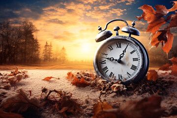 Daylight Saving Time. Alarm clock and orange color leaves on wooden table. Autumn time. Fall time change. Autumn leaves fall and winter approaches, the concept of daylight saving time.