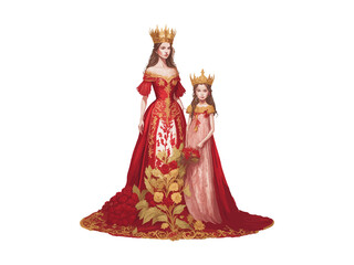 Fototapeta na wymiar Mother's day concept, Queen Mom and daughter with royal crown illustration decorated by flowers, clipart png