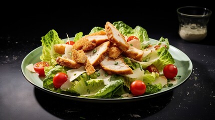  a salad with chicken and tomatoes on a plate with a glass of milk.  generative ai