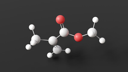 methyl methacrylate molecule, molecular structure, methacrylate esters, ball and stick 3d model, structural chemical formula with colored atoms