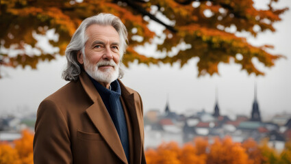 Portrait of happy man with grey hair and beard smiling at camera. Blurred background with mockup. Generative AI.