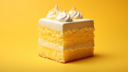  a piece of cake with white frosting on a yellow background.  generative ai