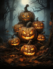 Jack-o'-lanterns, watercolor, Halloween Horror Card