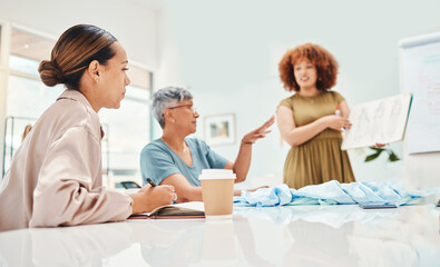 Creative woman, fashion and drawing in planning, presentation or meeting for ideas at office. Female person or manager with sketch in team discussion, retail startup or clothing project at workplace