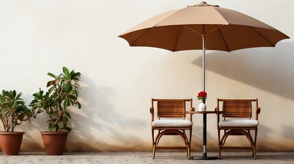  two chairs and a table with an umbrella over them next to a potted plant.  generative ai