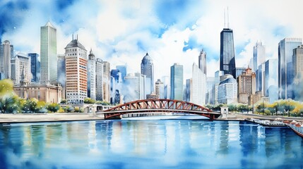  a painting of a city with a bridge over a river.  generative ai