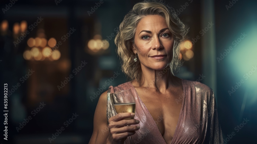 Wall mural Middle aged woman in elegant dress holding champagne glass on New Year's Eve