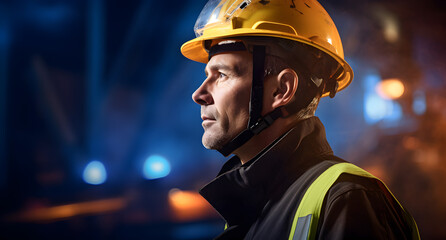 Caucasian industrial worker at night. Concept of safety measures, skilled labour and workforce.