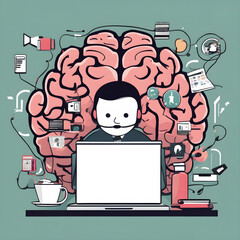 A man works so hard focusing on the computer, different tasks on his brain