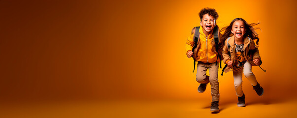 Excited interracial schoolkids with backpacks jumping on yellow background