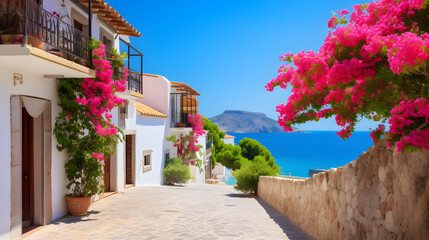 Immerse yourself in the timeless beauty of Mediterranean houses with this breathtaking image. Nestled along the sun-kissed coast, these charming houses feature whitewashed walls adorned with vibrant b