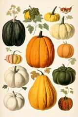 Simple, clean botanical illustration of a small bunch of assorted pumpkins on a tan background.