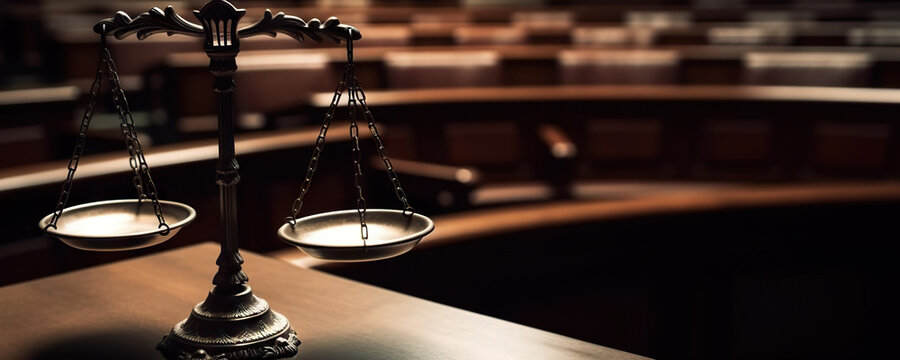 Scales of Justice in Court Hall. Law concept of Judiciary, Jurisprudence and Justice. Copy space