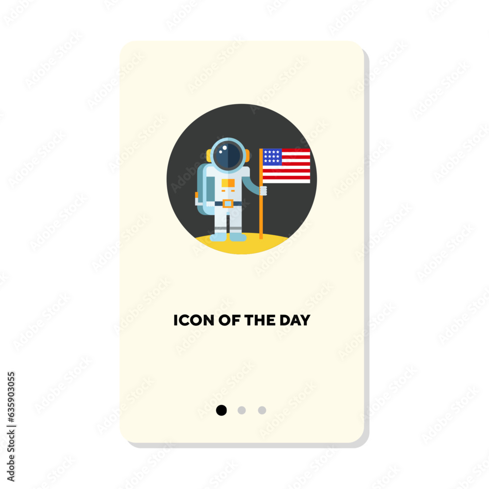 Poster astronaut holding flag on moon flat vector icon. spaceman landing in space, discovering universe iso
