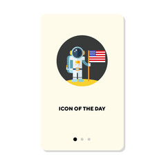Astronaut holding flag on moon flat vector icon. Spaceman landing in space, discovering universe isolated vector illustration. Cosmos and technology concept for web design and apps