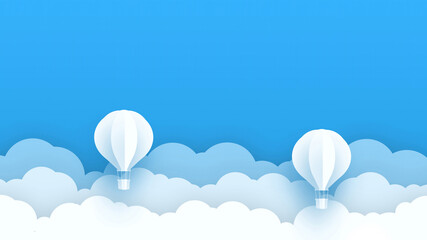 Cloudscape and Hot Air Balloons with Blue Sky Background in Paper Cut Style