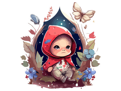 Cute Red Hoodie Little Girl, Fairy Watercolor PNG Clipart
