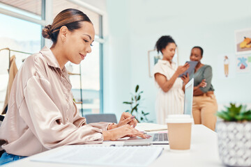 Business woman, fashion designer and laptop for planning, online management and website for...