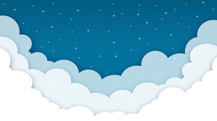 Cloudscape and Hot Air Balloons with Night Sky Background in Paper Cut Style