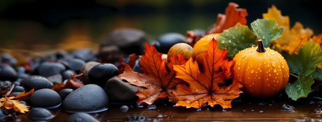 Glistening Pumpkin and Autumn Leaves beside Wet Stones - Perfect for Autumn Season Greetings and Celebrations