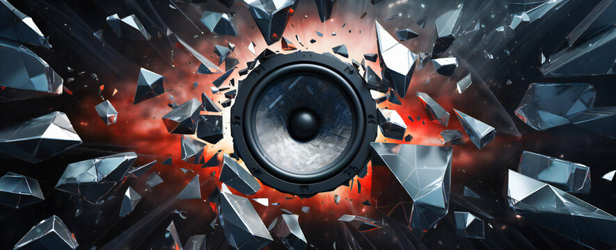 Very loud sounds or music abstract metaphor, speaker in front of a cracking wall