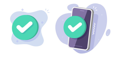 Cell phone check mark 3d icon vector graphic, checkmark tick confirm status mobile cellphone illustration, smartphone checkbox approved success update done, valid verified complete image clipart © vladwel