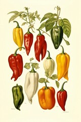 Simple, clean botanical illustration of assorted peppers on a tan background.