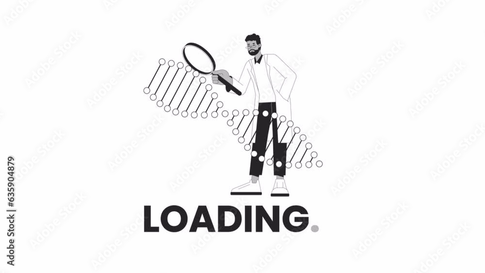 Poster scientist studying dna strand rotating bw loading animation. researcher with magnifier outline 2d ca