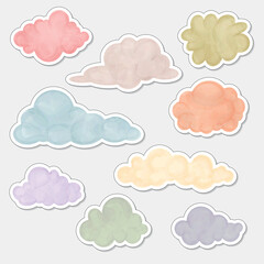 Watercolor hand painted cloud sticker set isolated on light grey . Vector illustration.