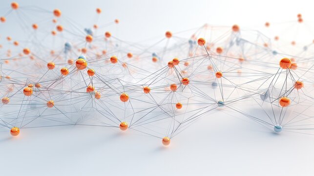  a network of orange and blue balls on a white surface.  generative ai