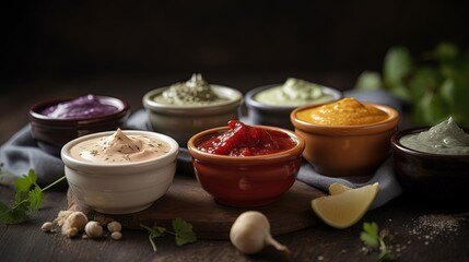  a variety of dips and sauces on a wooden table.  generative ai