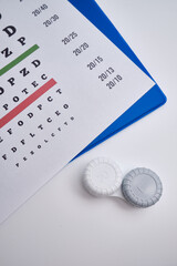 View of an eye chart used for eye examination in hospitals and eye clinics, with copy space on the...