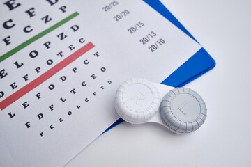 View of an eye chart used for eye examination in hospitals and eye clinics, with copy space on the...