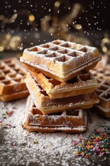Fototapeta na wymiar stack of square waffles with powdered sugar and sprinkles