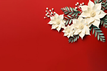 Paper cut beige poinsettia flower on red empty background. Copy space surface with origami winter holiday composition