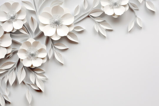 Fototapeta Paper cut decor with blooming white flowers in left corner on light background. Abstract hand craft floral composition