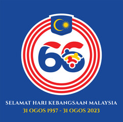 August 31, 2023: 66 Selamat Hari Kebangsaan Malaysia (Translation: Independence Day of Malaysia). 1957 - 2023. Vector Illustration.