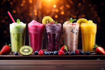 Colorful glasses with smoothie fruit juices made of berries strawberries, and kiwi. Dark background