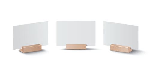 Blank card holder set. Mockup template or menu frame. Realistic blank paper sheet. Desktop identification plate, nameplate isolated on white background