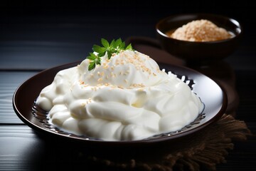 Creamy desert on dark background. Traditional kaymak yogurt milky meal